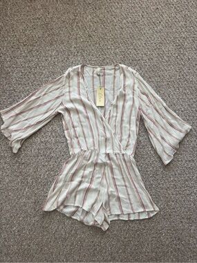 🆕 White and Maroon Striped Bell Sleeve Romper